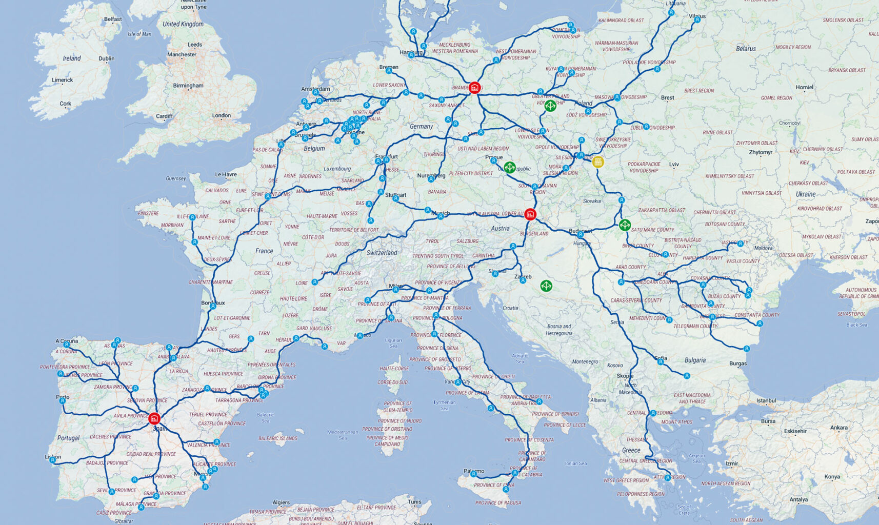 Eine Karte von Europa mit Supply Chain Routen.