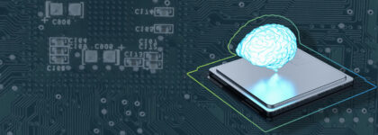 Headerbild zur Seite Digitale Transformation: zeigt ein KI-Gehirn vor einem Computerboard bzw. Computerchip von oben