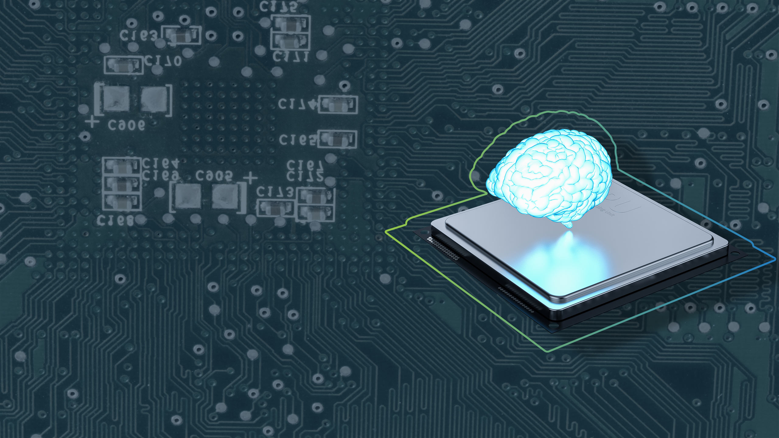 Headerbild zur Seite Digitale Transformation: zeigt ein KI-Gehirn vor einem Computerboard bzw. Computerchip von oben