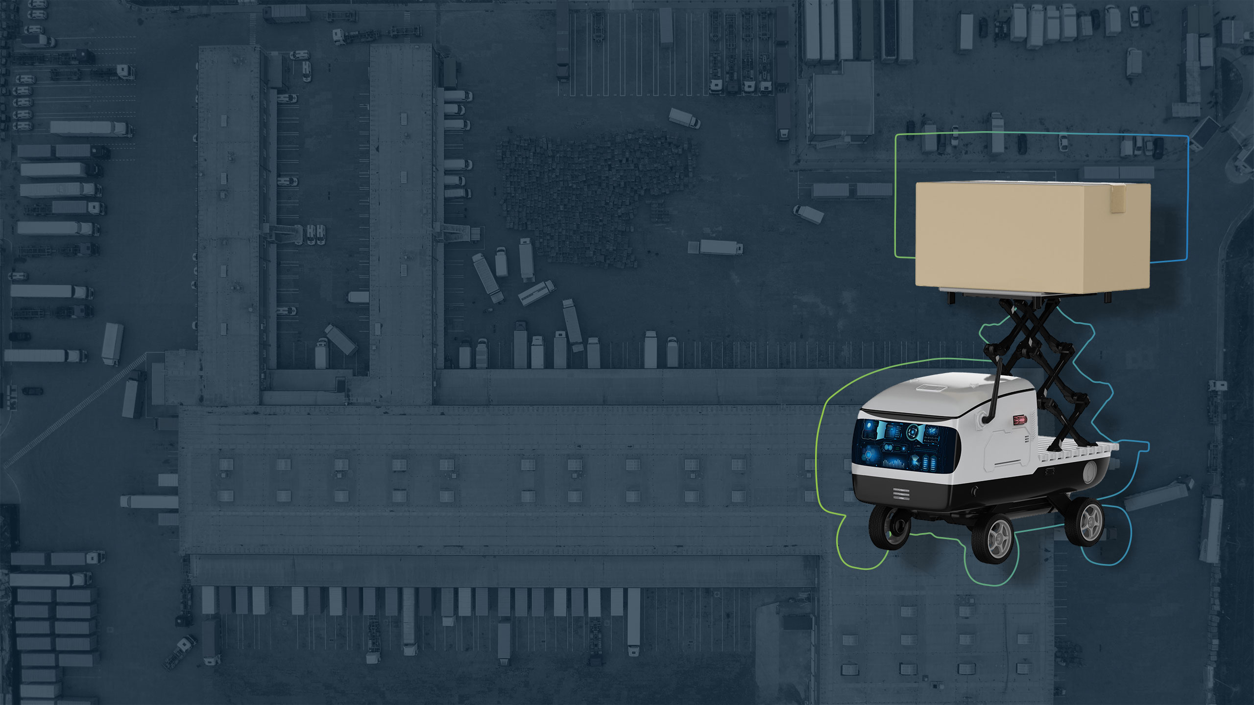 Headerbild zur Seite Logistikstrategie: zeigt einen fahrerlosen Transporter (FTS), der ein Paket trägt sowie ein Logistikzentrum von oben im Hintergrund