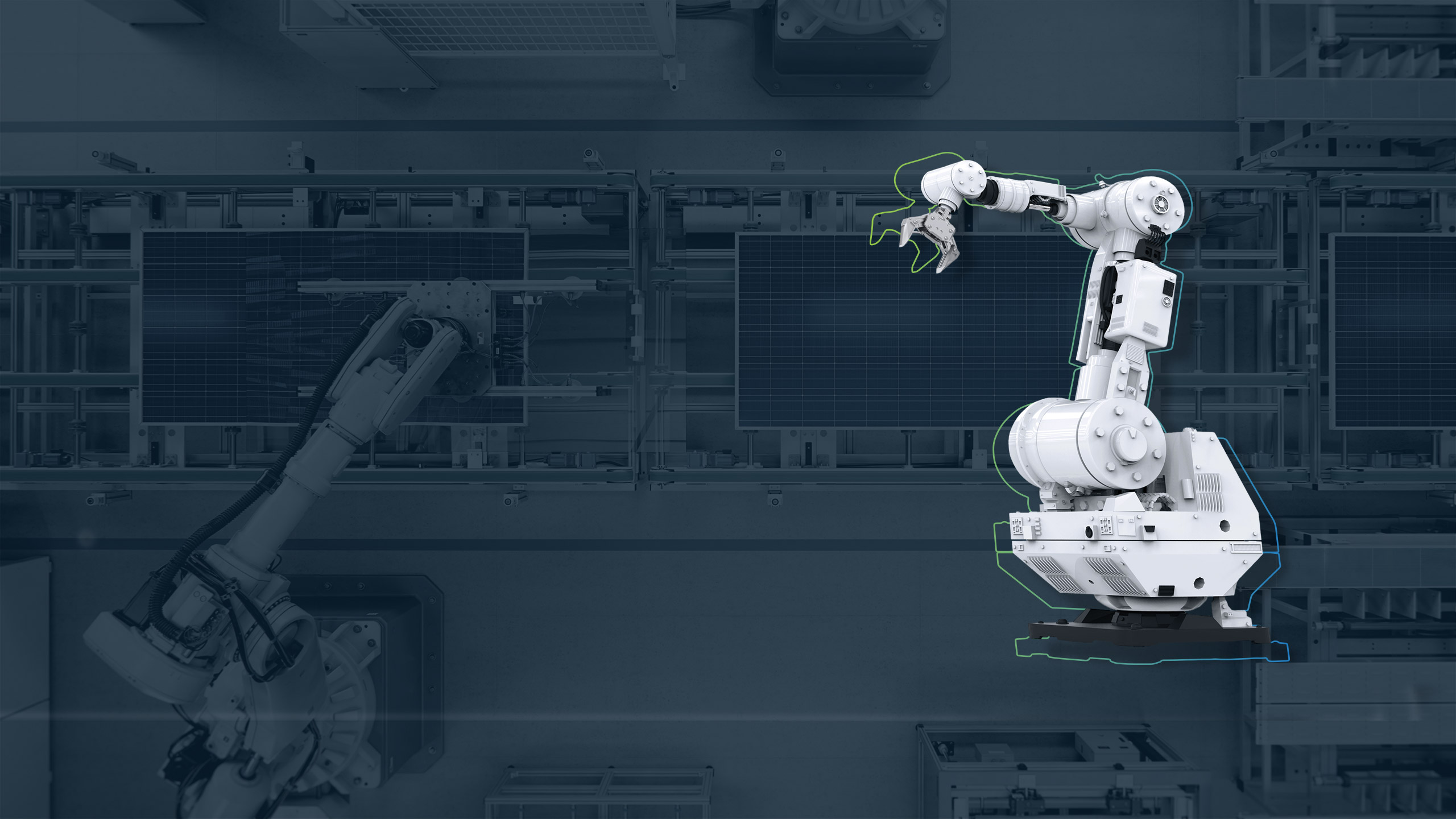 Headerbild zur Seite Produktionsprozess: Zeigt Roboter vor moderner Fertigungslinie mit Fließband im Produktionsumfeld