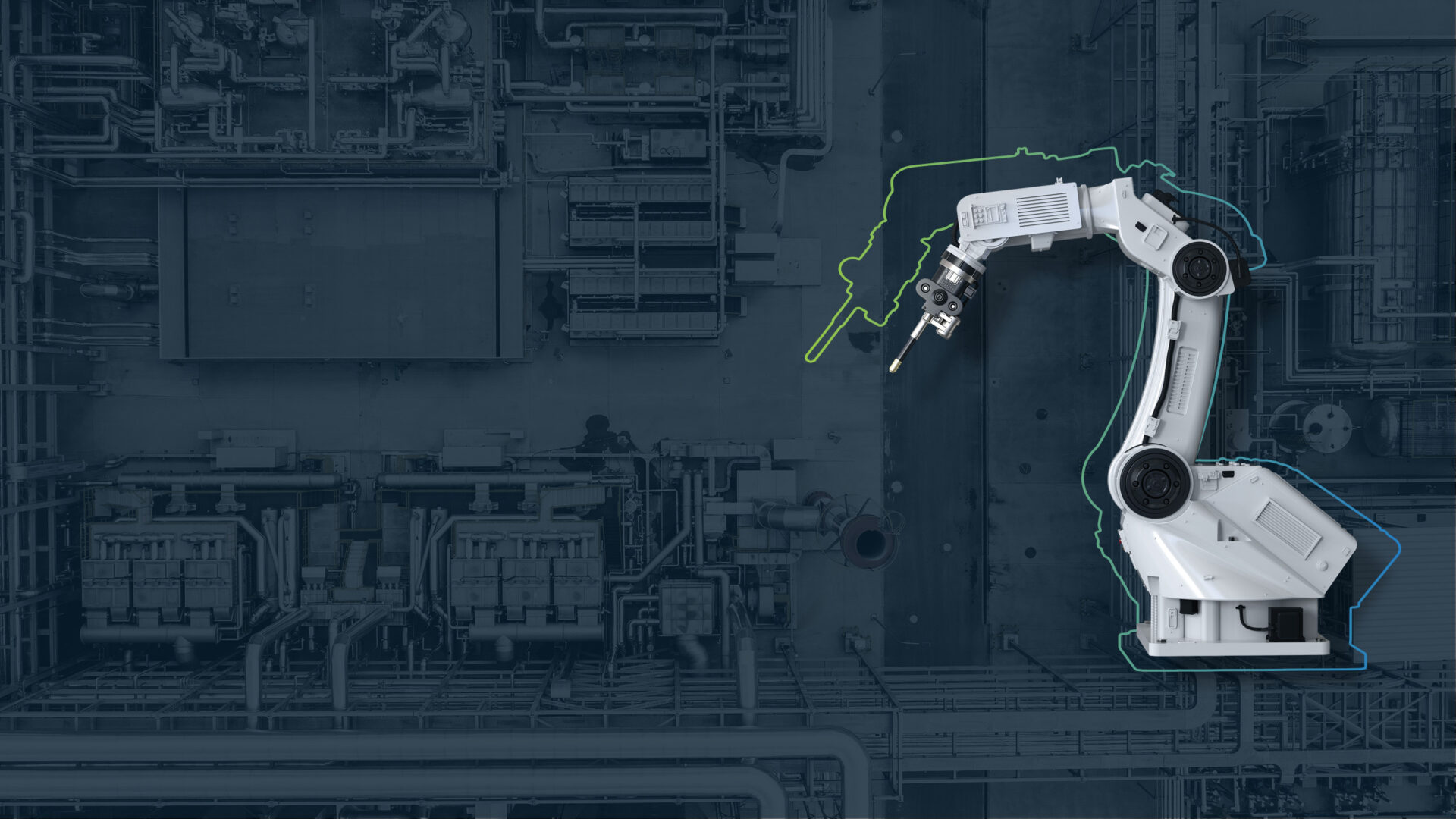 Headerbild zur Seite Produktionssysteme: zeigt einen Fertigungsroboter im Vordergrund und eine Fabrik bzw. ein Produktionsgebäude von oben im Hintergrund