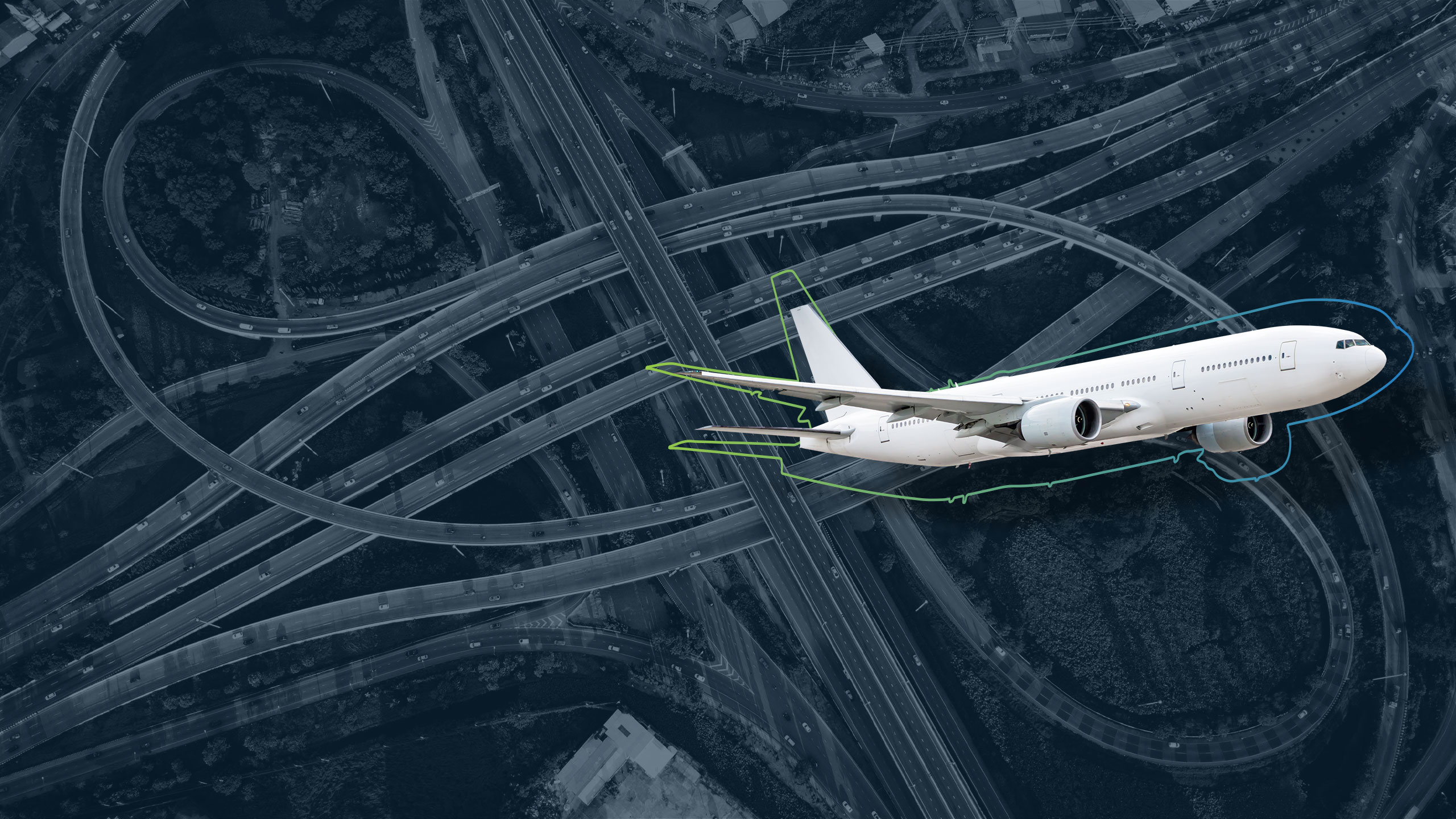 Headerbild zur Seite Network Design: zeigt Flugzeug im Vordergrund und Transportnetzwerk bzw. Straßenverkehr von oben im Hintergrund