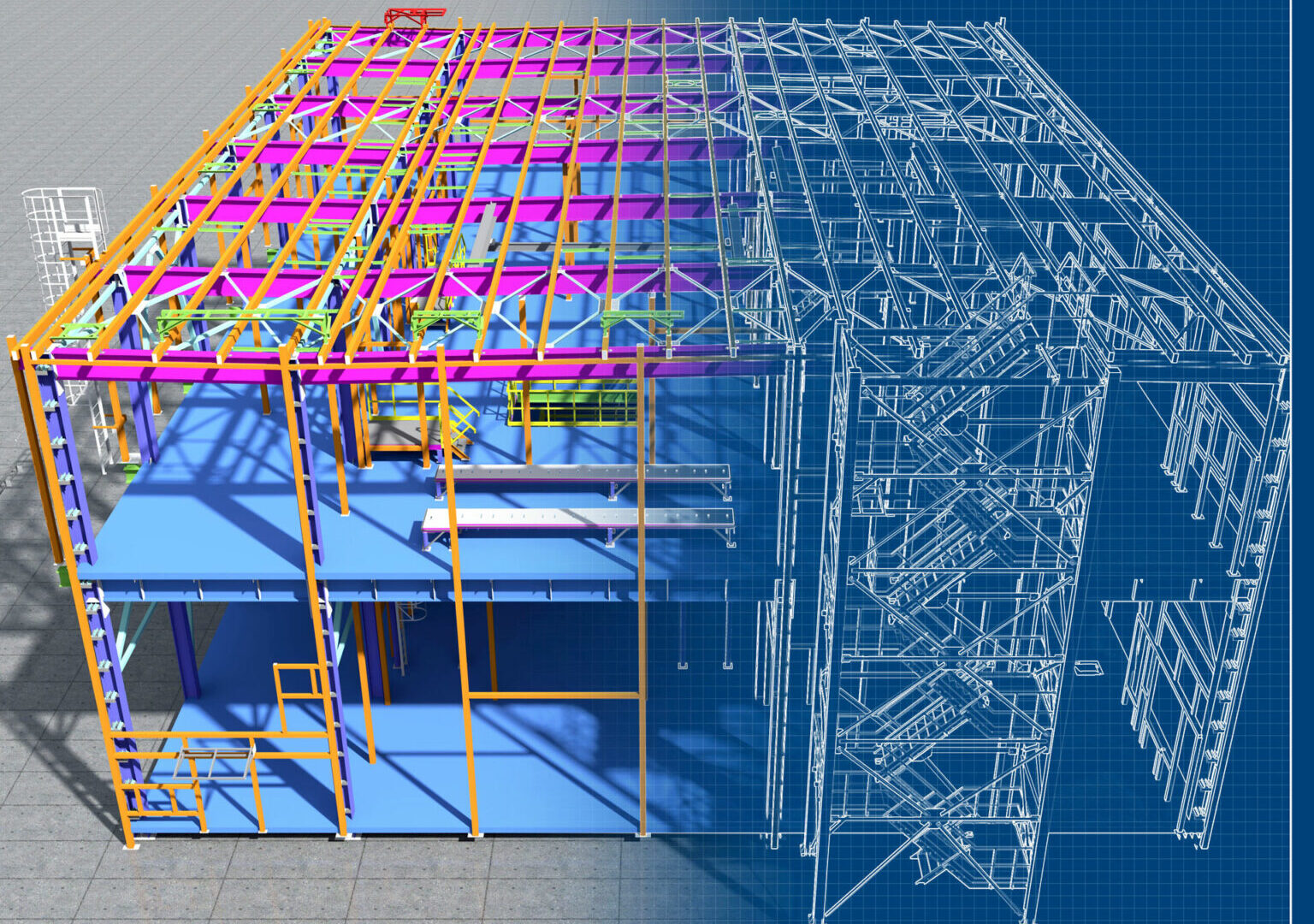 Eine digitale Darstellung einer Fabrik mit zugehörigem Blueprint.