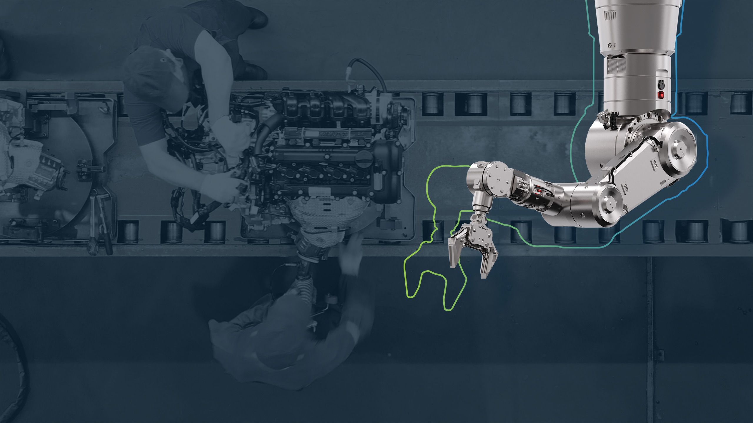 Headerbild zur Seite Produktion: zeigt Roboterarm vor Produktionsfließband von oben im Hintergrund