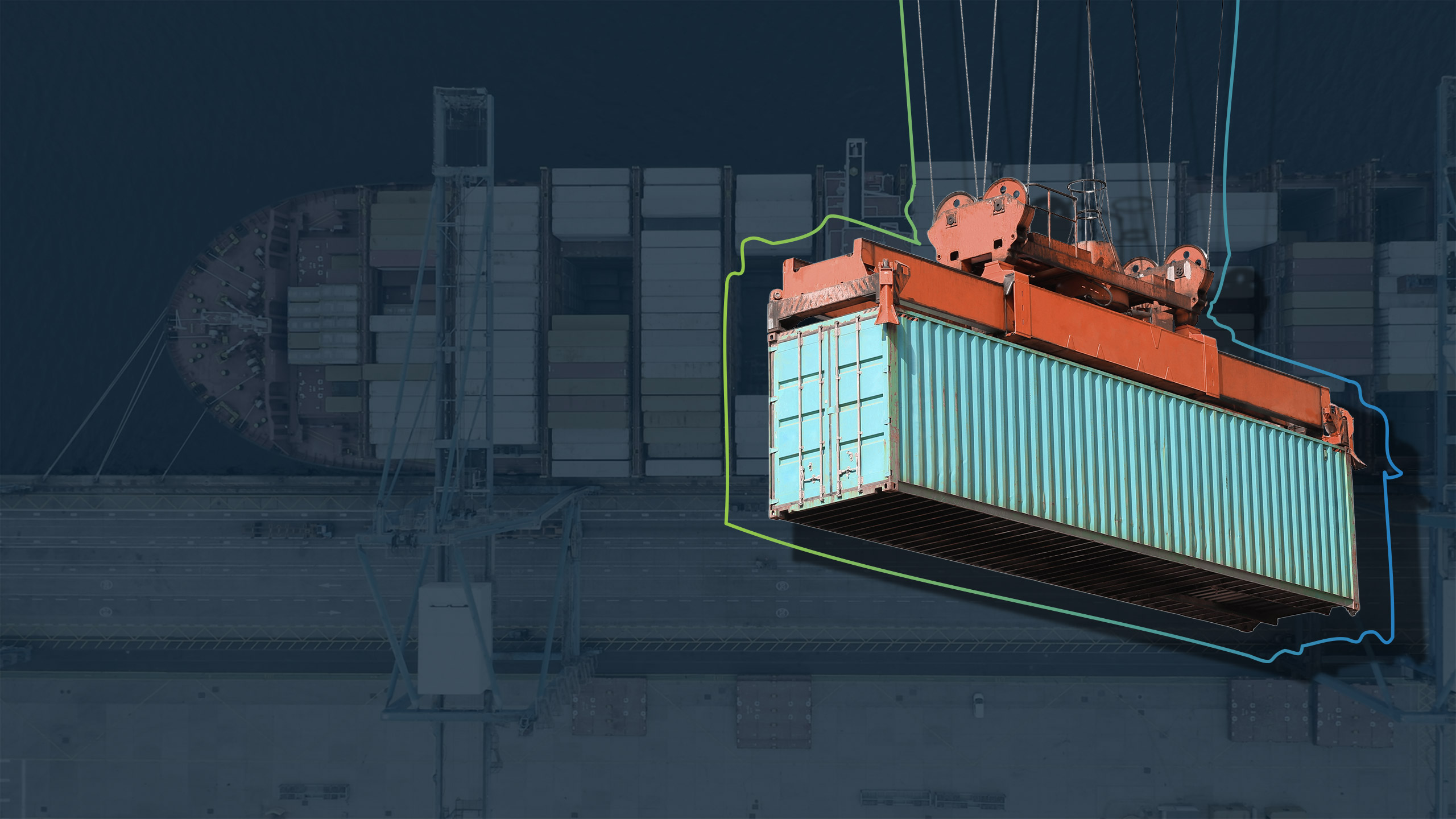 Headerbild zur Übersichtsseite Supply Chain: Zeigt einen Container-Kran im Vordergrund und einen Hafen von oben im Hintergrund