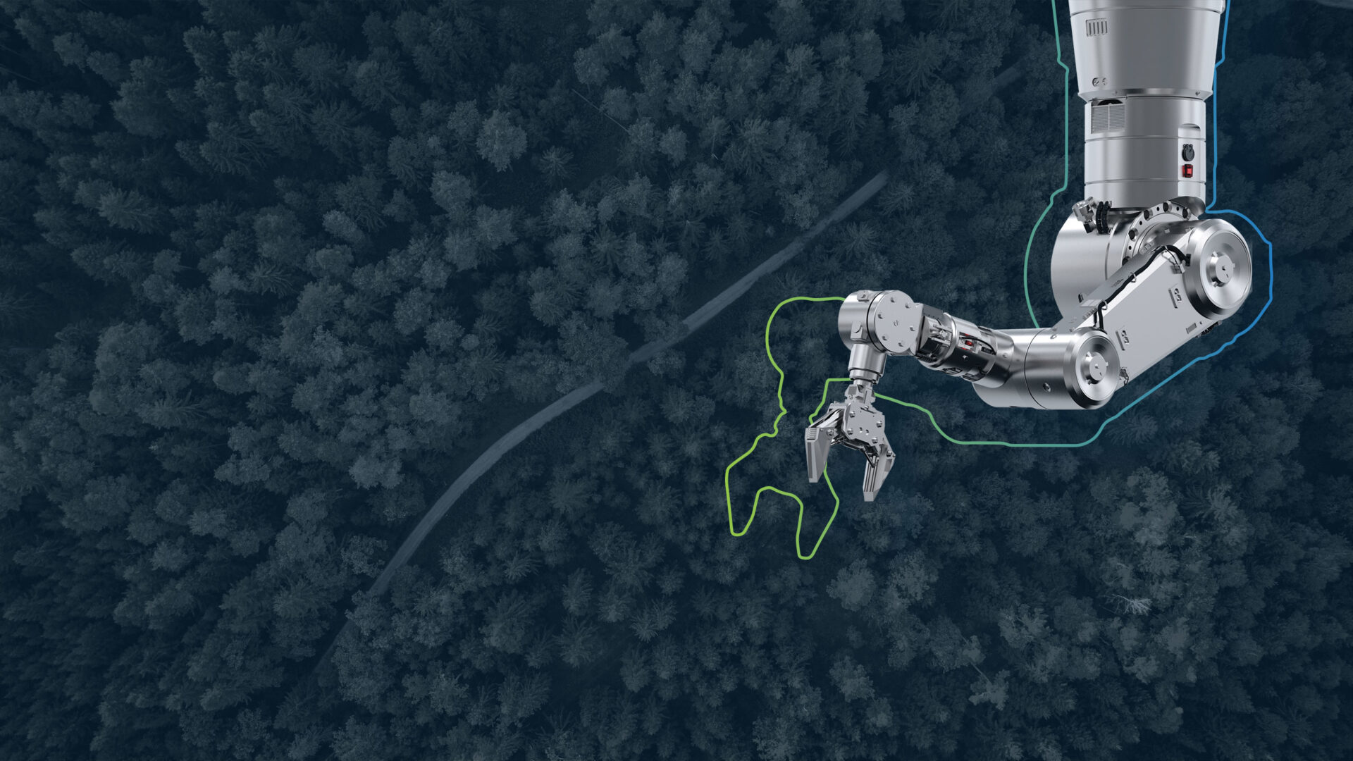 Headerbild zur Seite "Green Factory": zeigt Roboterarm einer Produktion im Vordergrund und Waldlandschaft von oben im Hintergrund