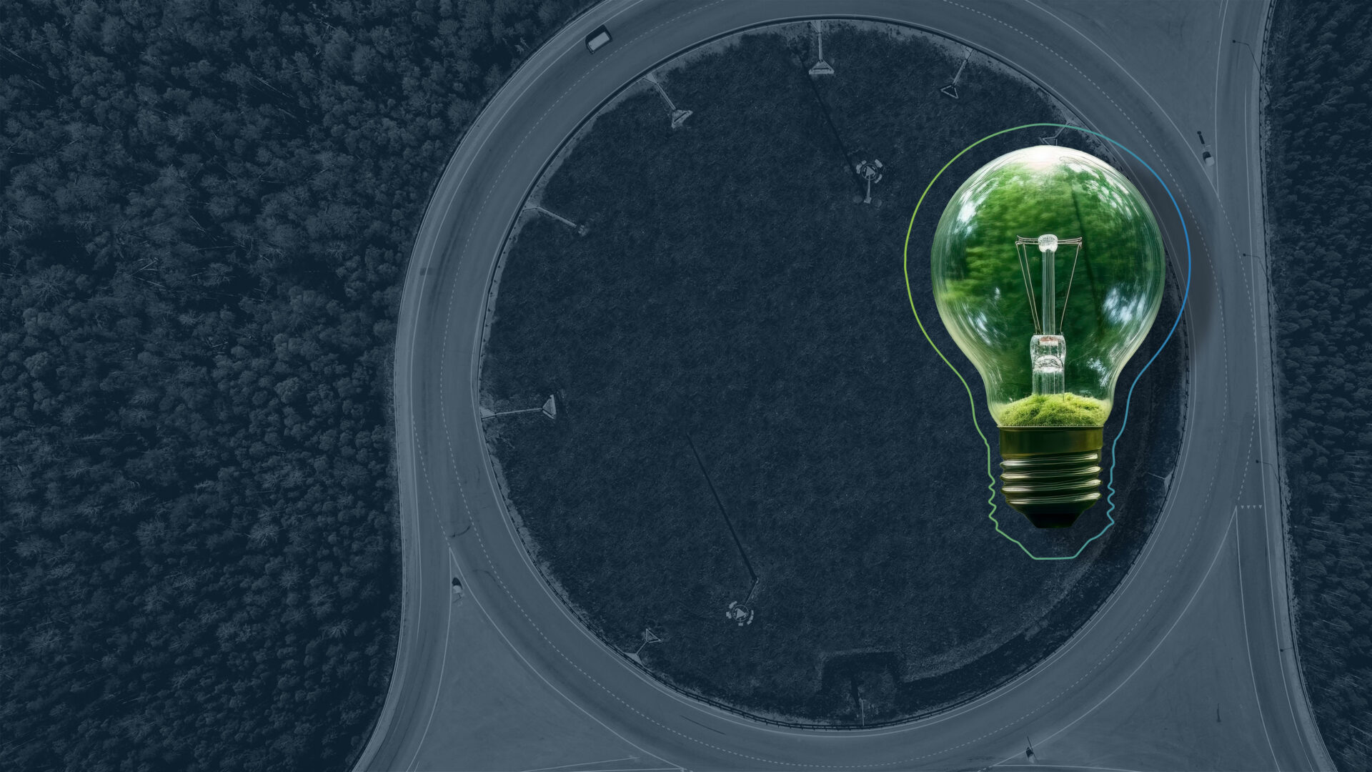 Headerbild zur Seite Kreislaufwirtschaft bzw. Circular Economy: Zeigt eine Glühbirne, in dem ein Baum wächst im Vordergrund und einen Kreisverkehr mit grünem Wald im Hintergrund