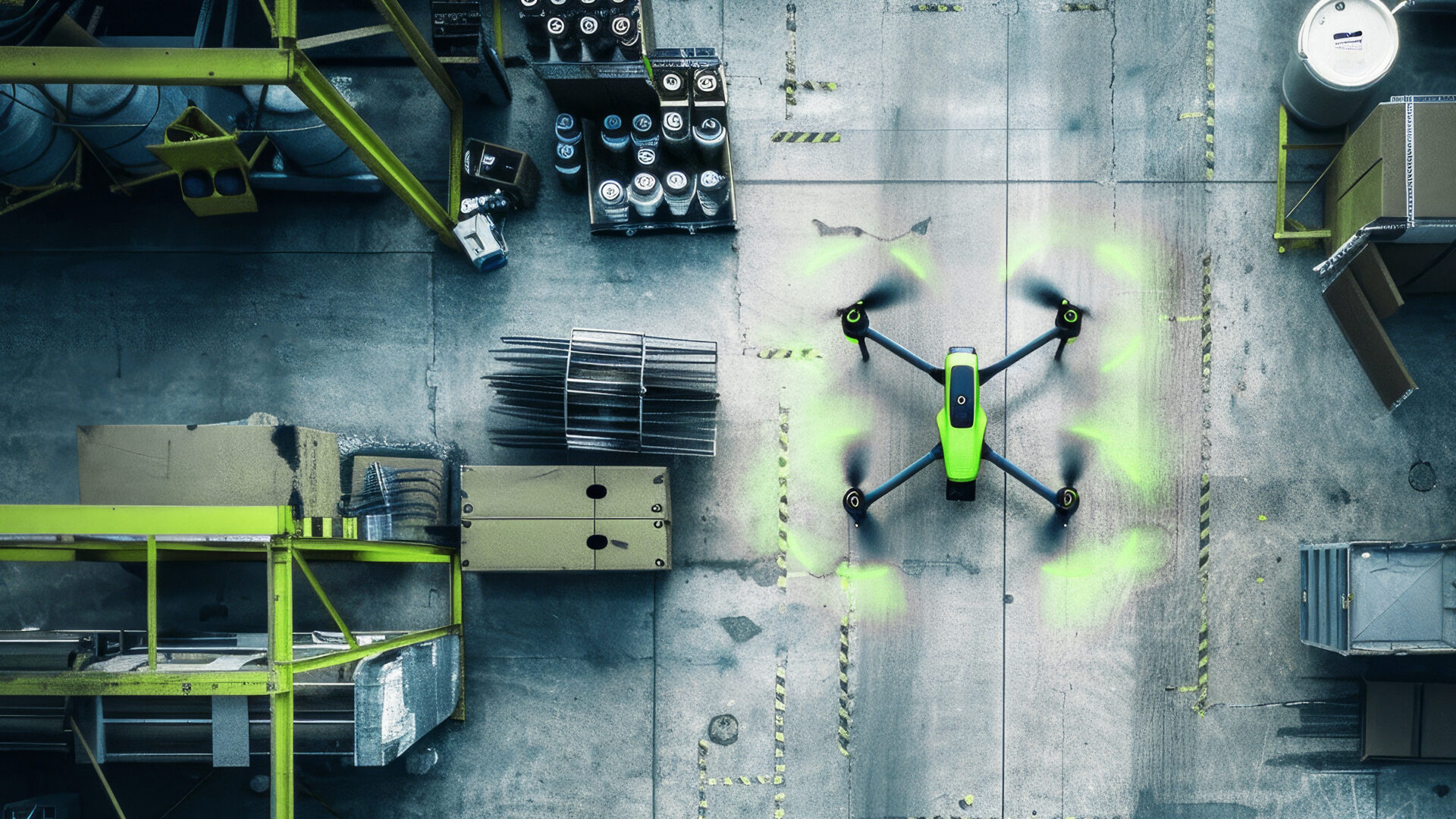 Headerbild zum Blogartikel "Drei Szenarien der Logistik der Zukunft": Zeigt Drohne von oben in großem Lager bzw. Logistikzentrum